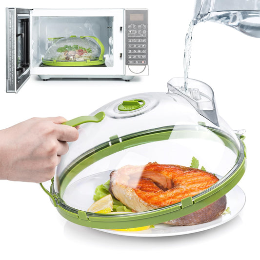 PRODUCTO 598 Cubierta para microondas para alimentos, cubierta transparente para salpicaduras de microondas con vaporizador de agua y asa, cubiertas para platos de 10 pulgadas, utensilios y accesorios de cocina, artículos esenciales para el hogar