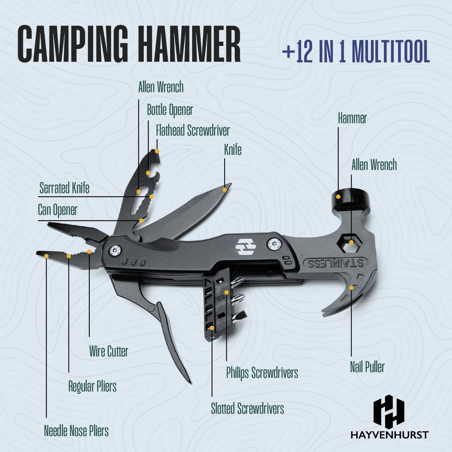 PRODUCTO 544 Martillo multiherramienta para acampar, equipo de supervivencia, acero inoxidable 12 en 1, portátil, accesorios para acampar con bloqueo de seguridad y funda duradera, multiherramienta compacta para exteriores de Hayvenhurst