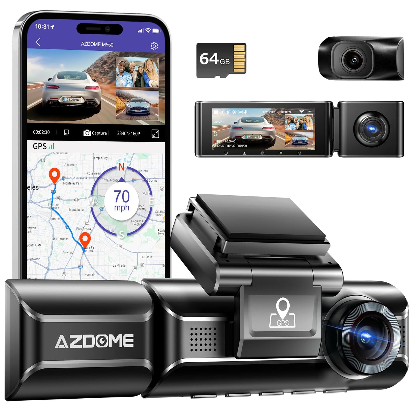 PRODUCTO 225 AZDOME M550 4K WiFi 3 canales en cámara de tablero, doble frontal y trasero para coche 4K+1080P Tarjeta de 64 GB gratis, GPS incorporado Modo de estacionamiento 24H Visión nocturna IR WDR 3.19" IPS, soporte máximo a 256 GB, fácil de instalar