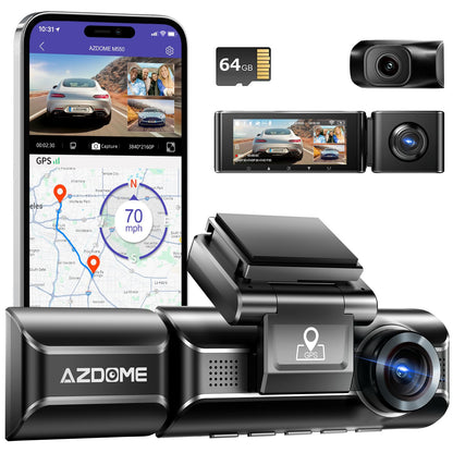 PRODUCTO 225 AZDOME M550 4K WiFi 3 canales en cámara de tablero, doble frontal y trasero para coche 4K+1080P Tarjeta de 64 GB gratis, GPS incorporado Modo de estacionamiento 24H Visión nocturna IR WDR 3.19" IPS, soporte máximo a 256 GB, fácil de instalar