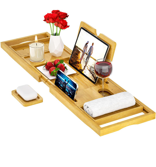 PRODUCTO 464 Bandeja para bañera de primera calidad - Bandeja para baño de bambú expandible - Mesa para bandeja para bañera - Tamaño expandible, se adapta a la mayoría de las bañeras