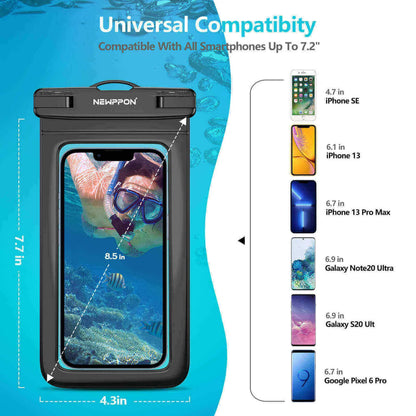 Newppon Funda impermeable para teléfono celular: paquete de 3 fundas universales con cordón para el cuello, soporte para teléfono móvil transparente bajo el agua, protector grande para iPhone Samsung Galaxy para playa, piscina, natación