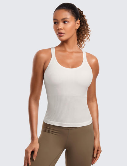 PRODUCTO 616-1 CRZ YOGA Camiseta sin mangas de canalé sin costuras para mujer Camisolas con espalda cruzada y sujetador incorporado Cuello redondo acolchado Entrenamiento atlético Camisetas sin mangas delgadas Blanco Albaricoque XX-Small