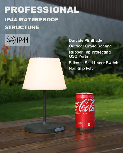 PRODUCTO 495 Lámpara de mesa para exteriores con pilas, resistente al agua, lámpara de mesa inalámbrica de 4000 mAh, recargable, lámpara de escritorio regulable al tacto, luz nocturna LED para patio, camping, restaurante, hogar, 9,6 pulgadas de alto