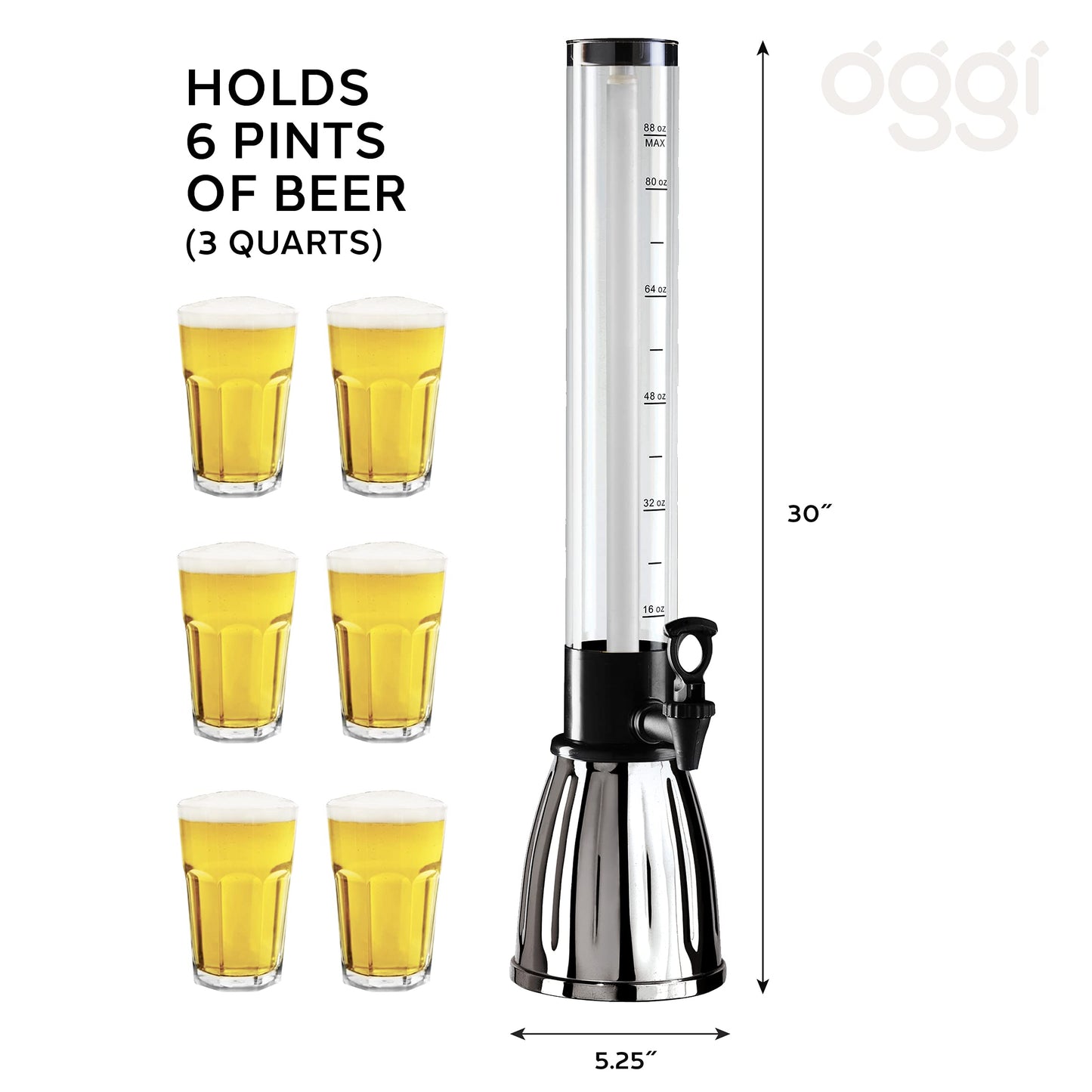 PRODUCTO 485 OGGI Beer Tower 3L/100oz - Dispensador de bebidas con espiga y tubo de hielo, Torre Margarita, Torre Mimosa, Dispensadores de bebidas perfectos para fiestas, Torre de bebidas, Capacidad para 6 pintas de cerveza - Inoxidable