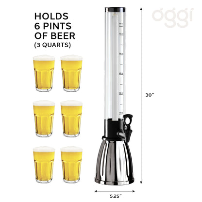 PRODUCTO 485 OGGI Beer Tower 3L/100oz - Dispensador de bebidas con espiga y tubo de hielo, Torre Margarita, Torre Mimosa, Dispensadores de bebidas perfectos para fiestas, Torre de bebidas, Capacidad para 6 pintas de cerveza - Inoxidable