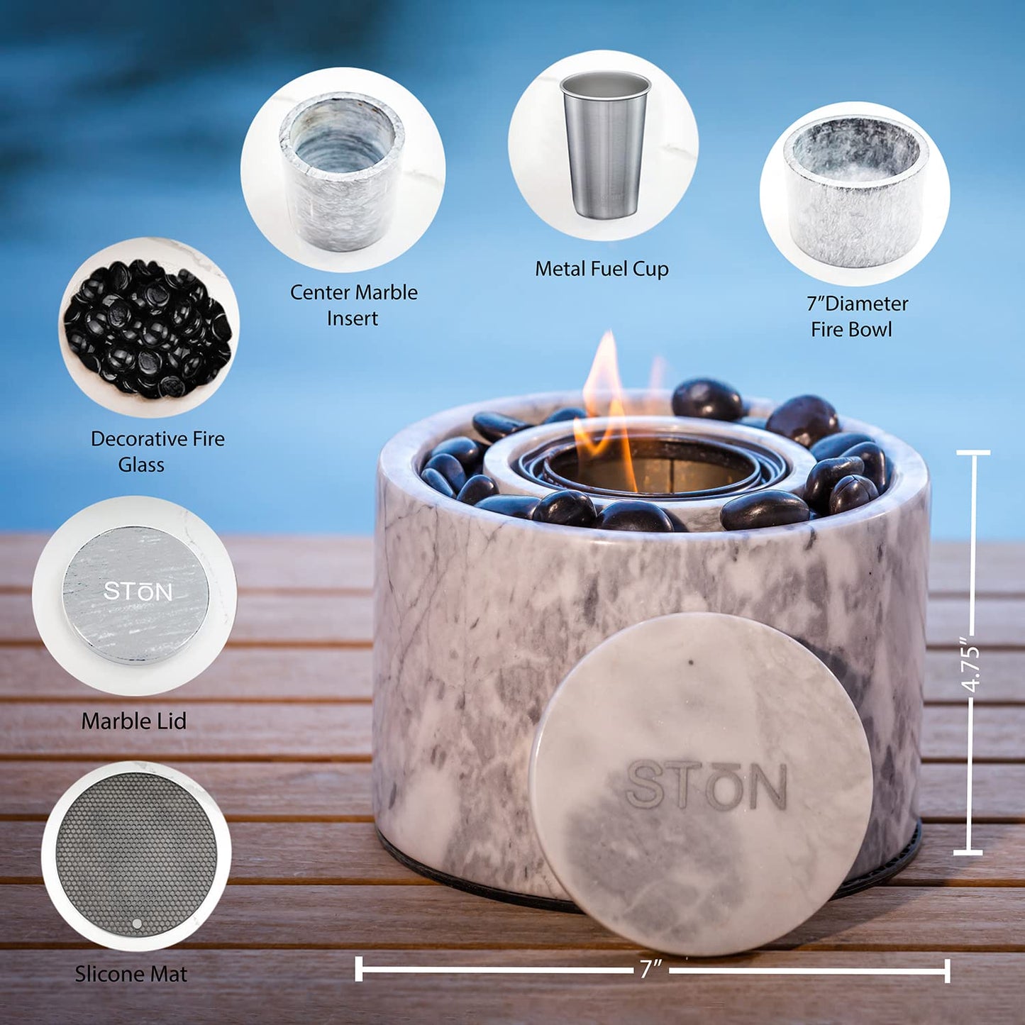 PRODUCTO 323 Stonhome Brasero de Mesa - La Chimenea Portátil de Mármol Original, Interior y Exterior, Mini Brasero, Llama Real de Quema Limpia para Patio Balcón, Máquina para Hacer S'Mores (Blanco)