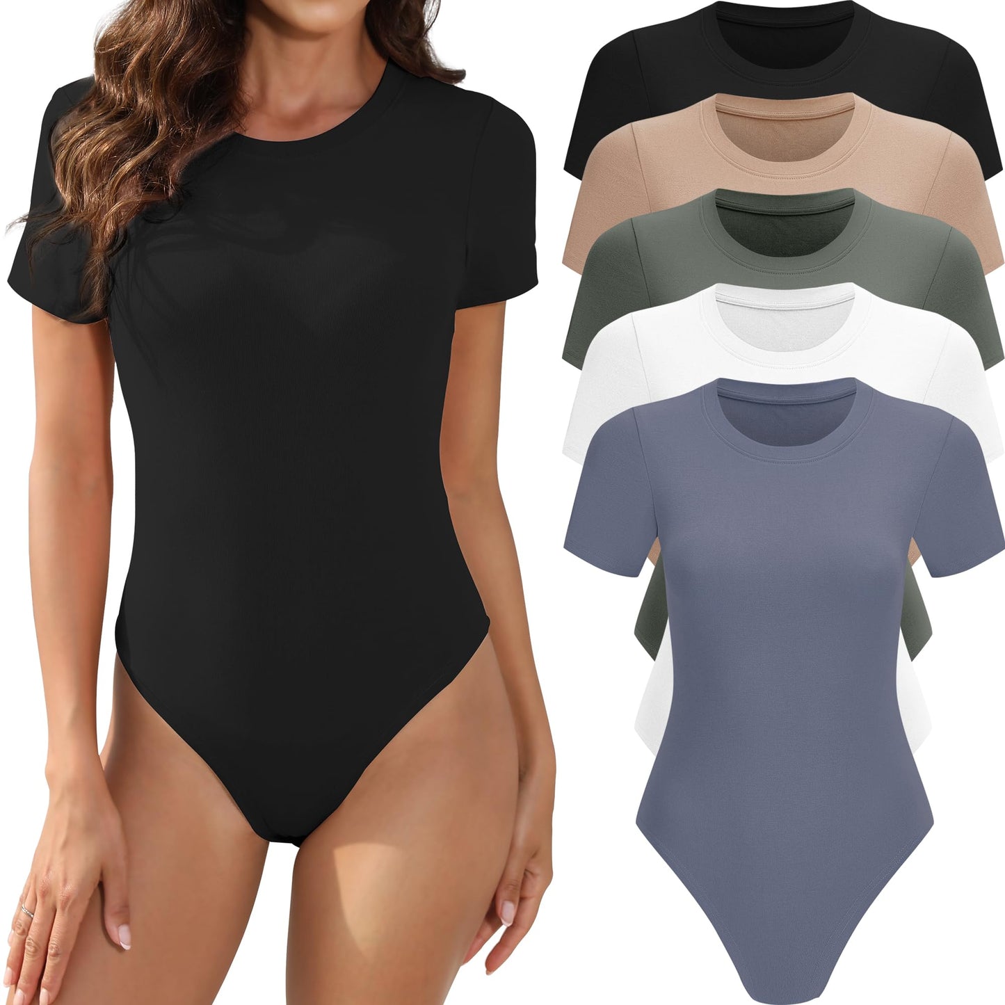 PRODUCTO 600 MLYENX Paquete de 5 trajes de cuerpo para mujer manga corta cuello redondo casual elástico camiseta básica body camisas