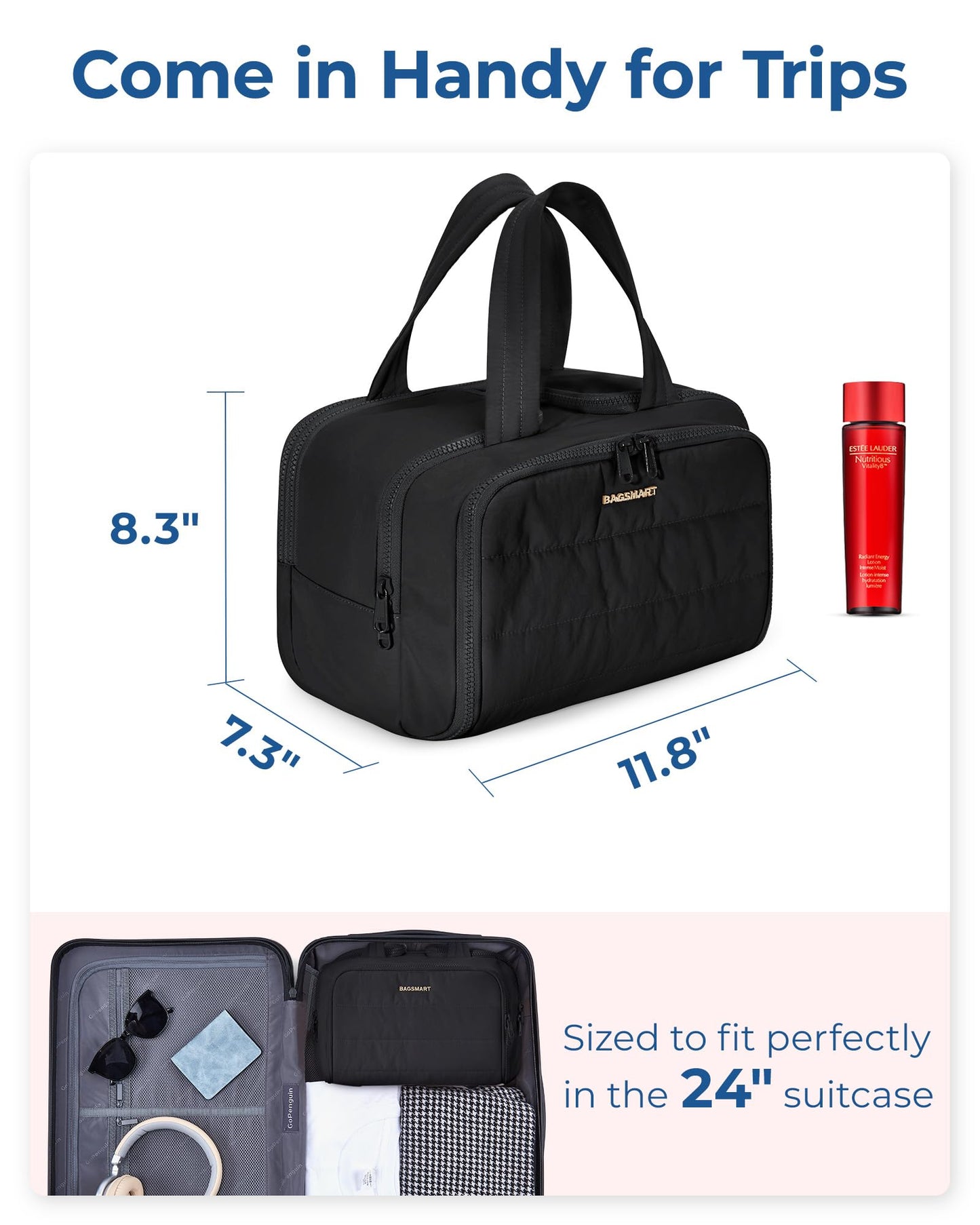 PRODUCTO 396 BAGSMART Neceser de viaje, bolsa de viaje grande, ligera y abierta para mujer, bolsa de maquillaje hinchada, organizador con asa para accesorios, artículos esenciales, artículos de tocador, color negro