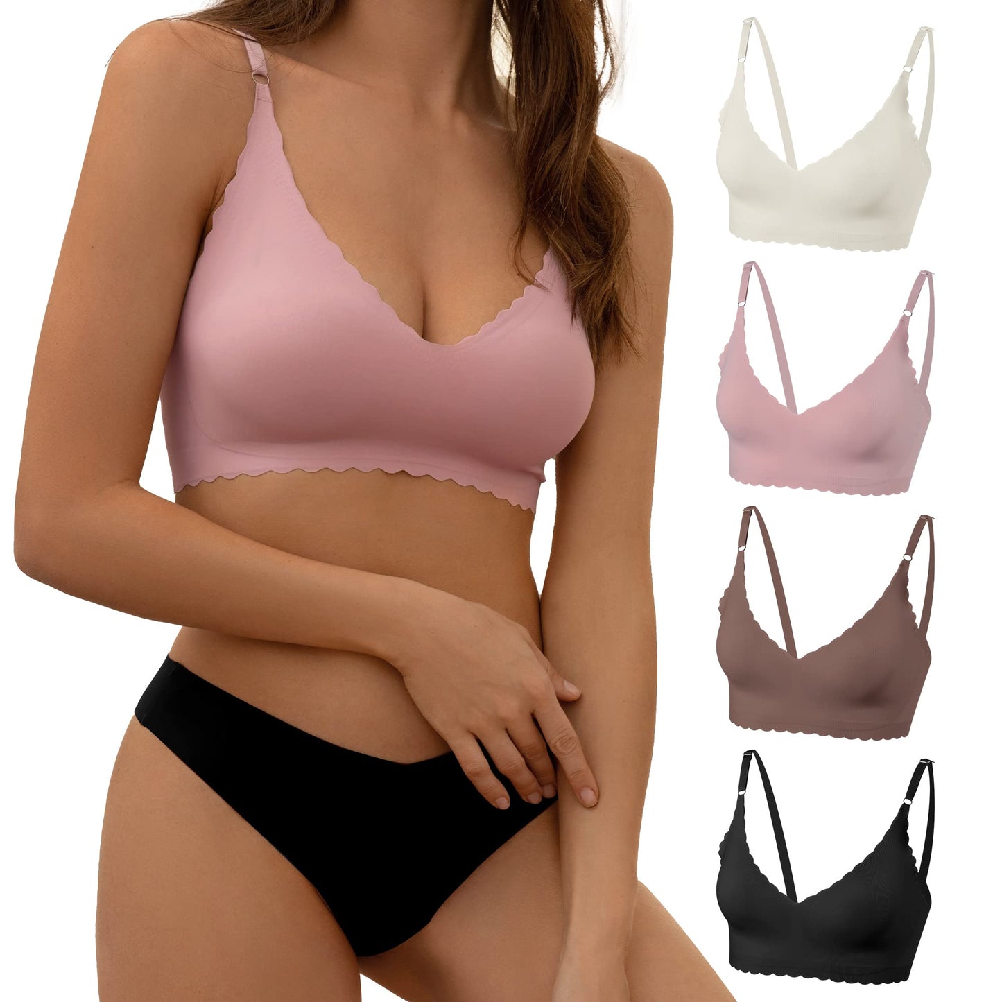 PRODUCTO 533 DEANGELMON 4 Piezas Bralettes con Cuello en V Acolchados Sin Costuras Correas Ajustables Sujetador Básico para Dormir Todos los Días (4P4,S)