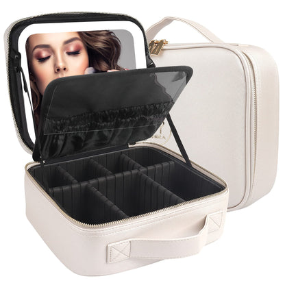 PRODUCTO 501  Bolsa de maquillaje con espejo y luz Estuche de viaje para maquillaje Organizador de bolsa de cosméticos Bolsa de almacenamiento portátil para artistas con divisores ajustables Organizador de almacenamiento de brochas de maquillaje