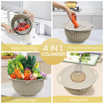 PRODUCTO 477 Colador 4-1 con juego de cuencos para mezclar, 2024 nuevo juego de coladores y coladores de alimentos para cocina, colador de pasta y arroz, lavadora de frutas y verduras, centrifugador de ensalada, colador de cocina, cuenco, color beige