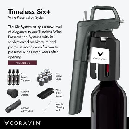 PRODUCTO 436 Sistema de conservación de vino Coravin Timeless Six Plus - Ahorrador de vino por copa - Aireador de vino, 3 cápsulas de argón puro, 6 tapones de rosca, aguja de limpieza y estuche de transporte - Plata