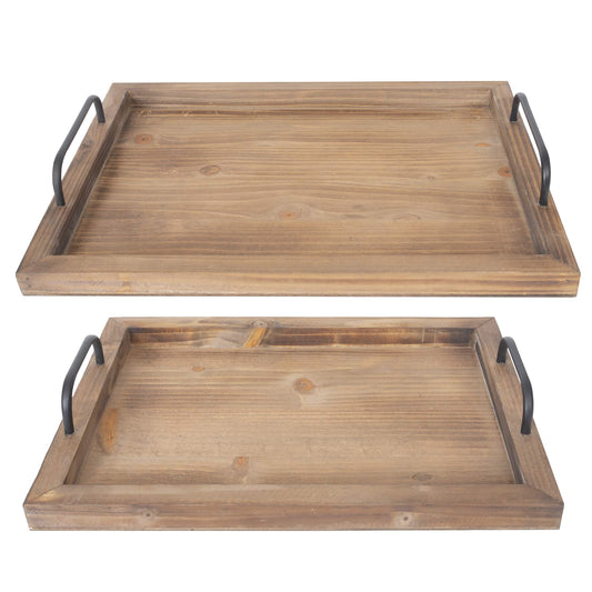 PRODUCTO 324 Besti Bandejas rústicas vintage para servir comida (juego de 2) | Tabla de madera encajable con asas de metal | Elegantes platos para servir con decoración de granja | Grande: 15 x 2 x 11" - Pequeño: 13 x 2 x 9" pulgadas (rústico quemado)