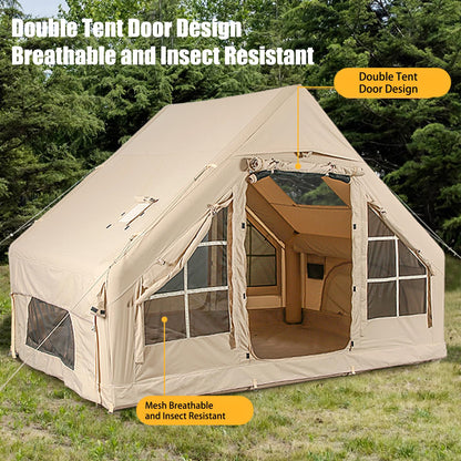 PRODUCTO 141 Tiendas de campaña inflables con bomba, tiendas de campaña Air Glamping, tienda de campaña inflable impermeable y resistente al viento de fácil instalación, tienda de campaña Oxford para las 4 estaciones con ventana de malla y chimenea.