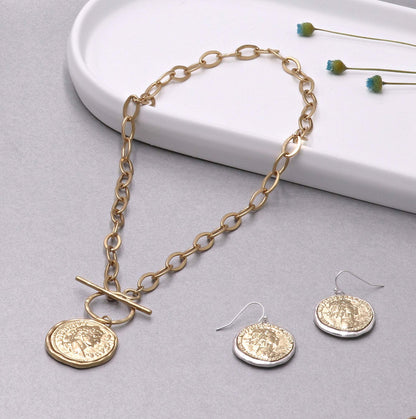 PRODUCTO 621-2 POMINA Collar de palanca de monedas gruesas de moda de oro antiguo para mujer Colgante de moneda romana con medallón Cadena de eslabones gruesos Collar en capas de oro para mujer (oro desgastado)