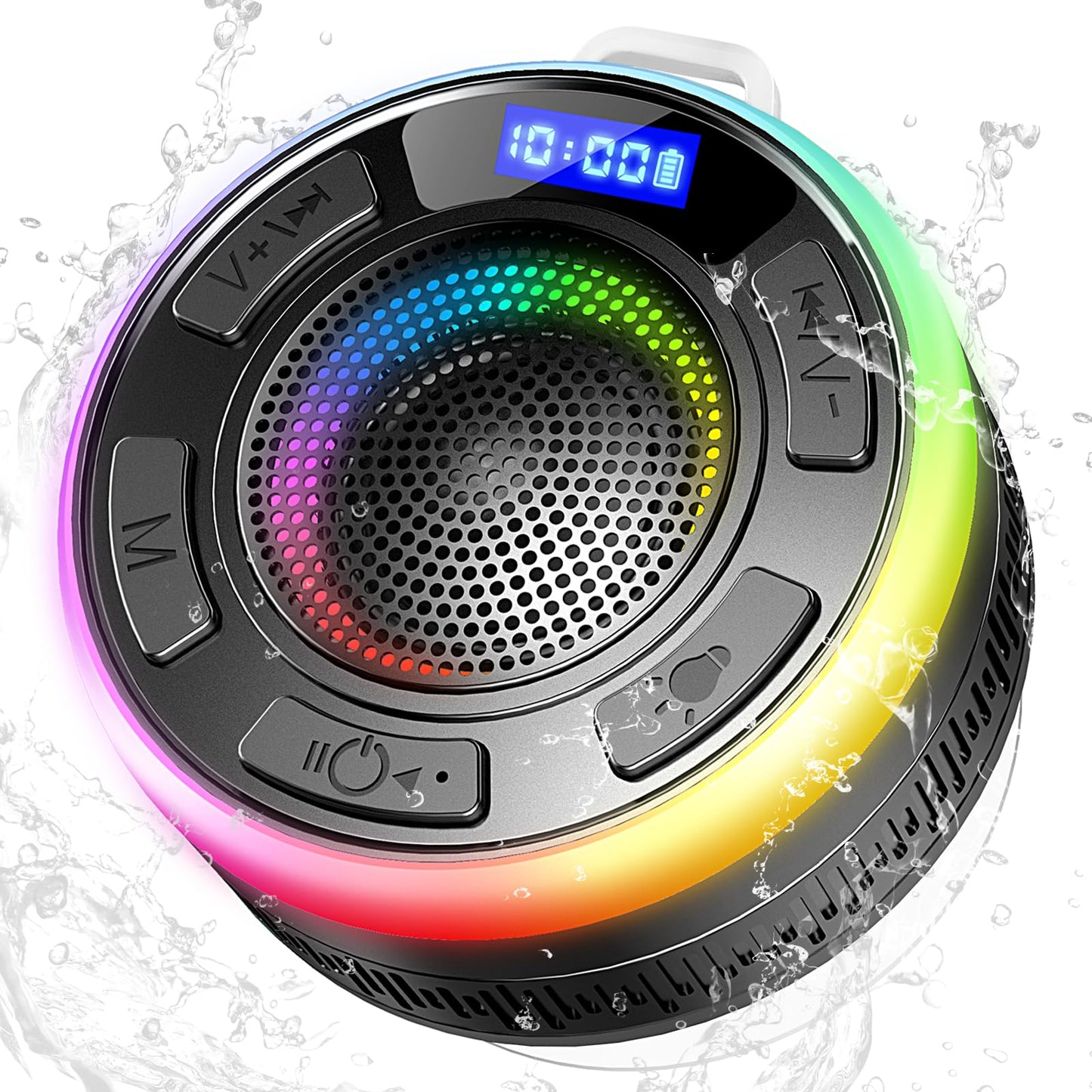 PRODUCTO 158 Altavoz de ducha Bluetooth, altavoz inalámbrico portátil IP7 impermeable con ventosa, luces LED dinámicas y emparejamiento estéreo dual, altavoz de baño manos libres con micrófono para baño, playa, exterior, 10H