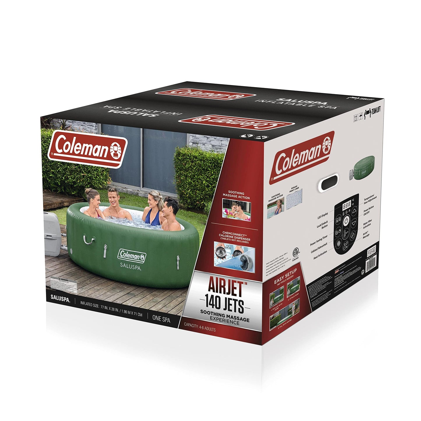 PRODUCTO 149 Spa inflable con bañera de hidromasaje Coleman SaluSpa | Jacuzzi portátil con sistema de agua caliente y 140 chorros de burbujas | Se adapta hasta 4 personas