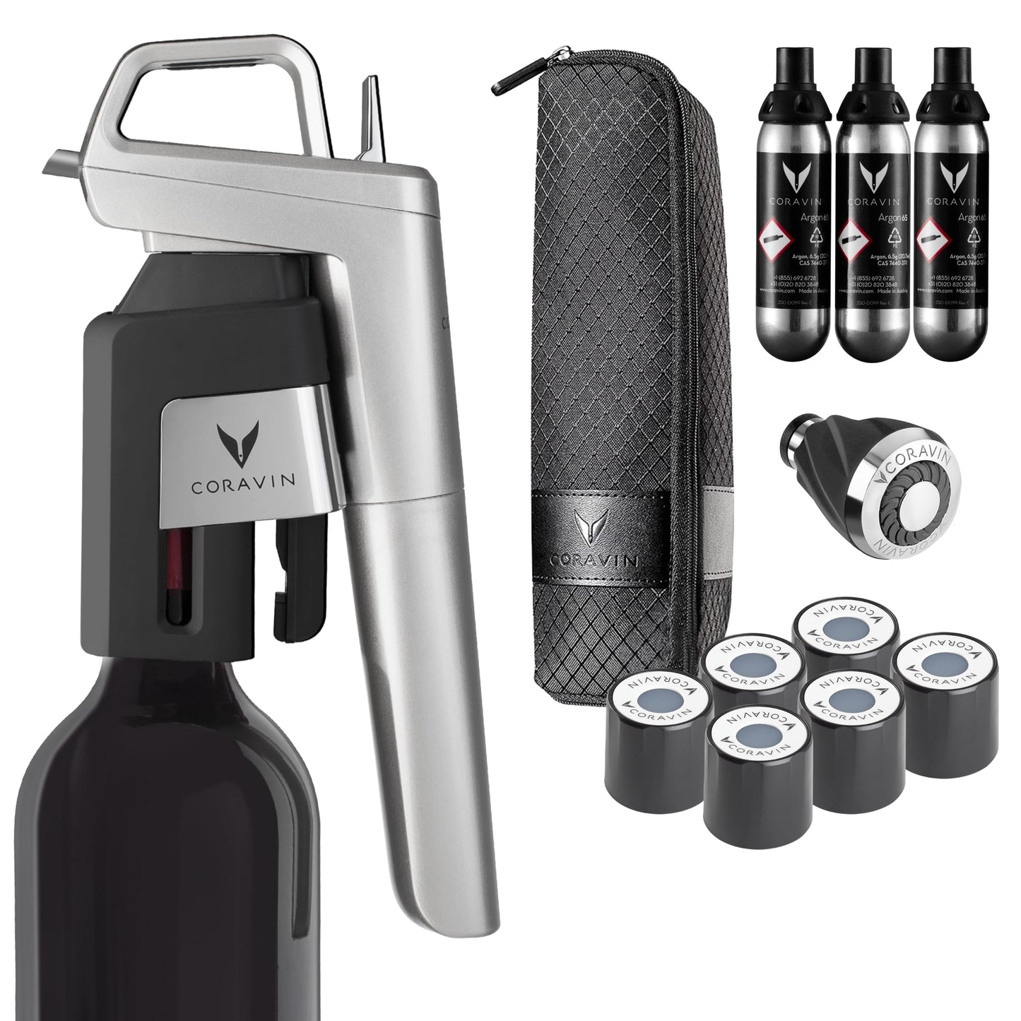 PRODUCTO 436 Sistema de conservación de vino Coravin Timeless Six Plus - Ahorrador de vino por copa - Aireador de vino, 3 cápsulas de argón puro, 6 tapones de rosca, aguja de limpieza y estuche de transporte - Plata