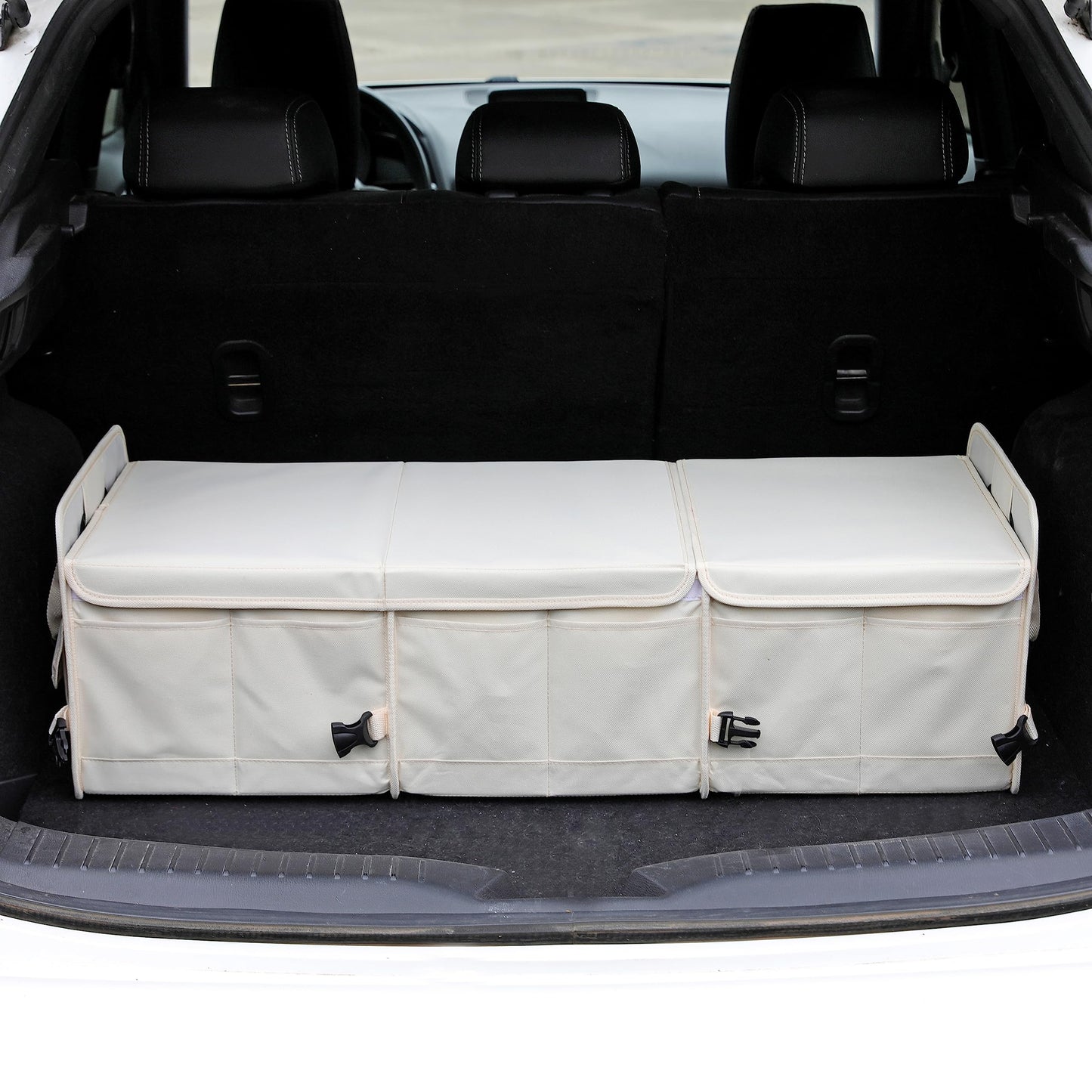 PRODUCTO 187 AOKJOY Organizador de maletero de coche con tapa, organizador de almacenamiento de coche, plegable, con múltiples compartimentos, correas ajustables, organizador de coche para SUV, camión, sedán (beige)