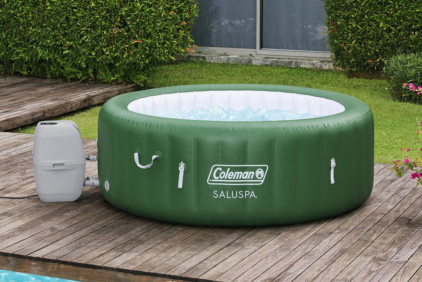 PRODUCTO 149 Spa inflable con bañera de hidromasaje Coleman SaluSpa | Jacuzzi portátil con sistema de agua caliente y 140 chorros de burbujas | Se adapta hasta 4 personas