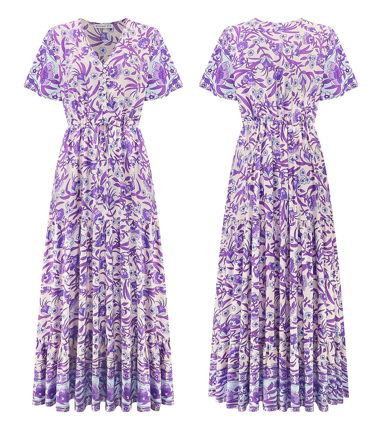 PRODUCTO 589-3 R.Vivimos Vestido fluido de manga corta de algodón con estampado floral de verano para mujer (pequeño, morado)